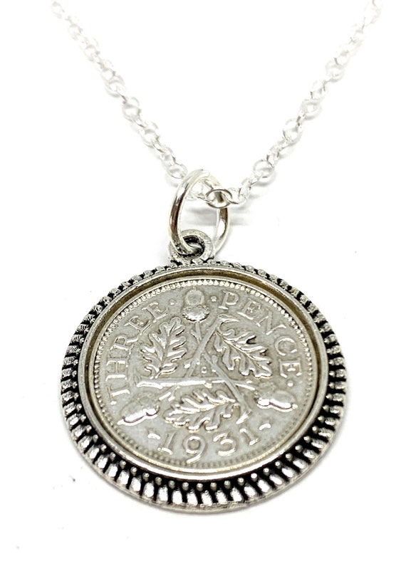 Round 1931 93rd Birthday / Anniversary Threepence coin pendant plus 18inch SS chain gift 93rd birthday gift for her Thinking Of You, Mum Dad