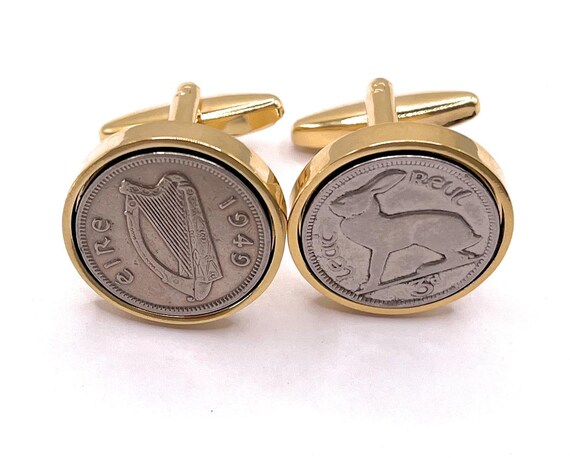 Preium 1949 Irish Threepence Cufflinks for a 76th birthday.  Original Irish Threepence for mens 76th birthday in 1949, Fathers day gift GLD