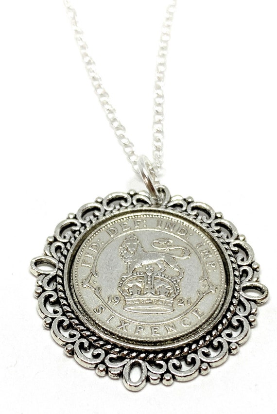 Fancy Pendant 1921 Lucky sixpence 104th Birthday plus a Sterling Silver 18in Chain 104th birthday gift for her Thinking Of You, Mum Dad