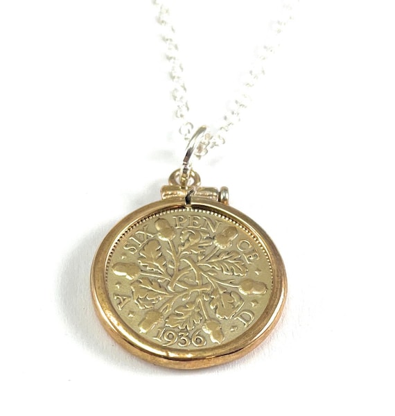 1936 Gold Plated Sixpence Coin Pendant: 90th Birthday Gift, Sterling Silver Chain