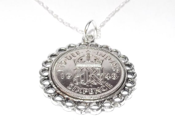 Fine Pendant 1948 Lucky sixpence 77th Birthday gift: Sterling Silver Chain