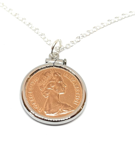1985 40th Birthday / Anniversary 1 pence coin Pendant - One pence cufflinks from 1985 for a 40th birthday present Thinking Of You, Mum Dad