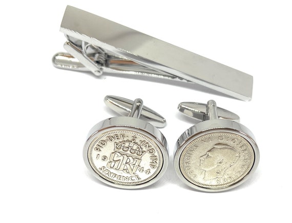 1944 Sixpence 6d 80th birthday Cufflinks Set- Original 1944 Sixpence coin cufflinks 80th Thinking Of You, Mum, Dad SLV