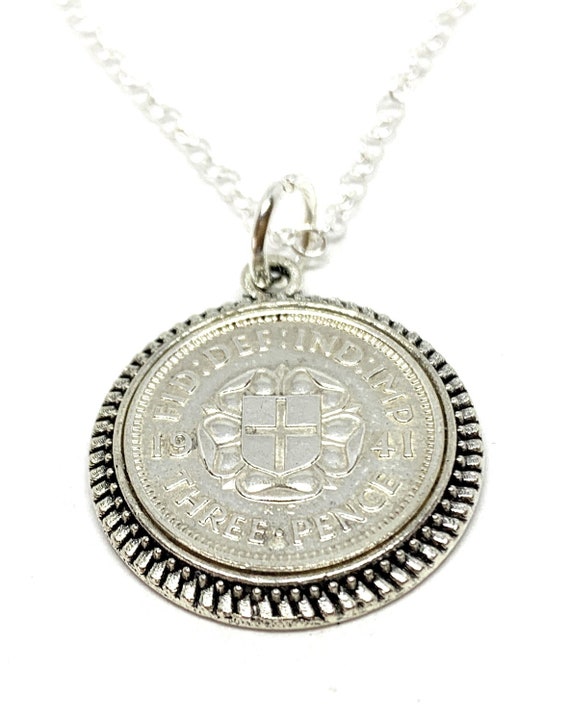 1941 Silver Threepence Round pendant 82nd birthday.  Original threepence coins Great gift from 1941 - mothers day gift idea Thinking Of You