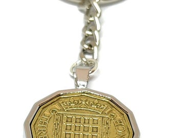 1956 Threepence Coin Keyring 70th Birthday Gift: Silver or Gold Plated Mounts