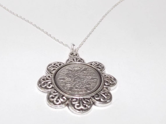 Floral Pendant 1929 Lucky sixpence 94th Birthday plus a Sterling Silver 18in Chain 94th birthday 1929 coin pendant. 1929 94th birthday gift