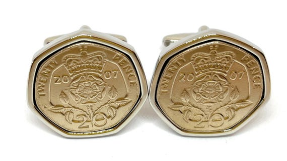 18th Birthday Wedding Anniversary 2007 20p coin cufflinks - for a Birthday in 2007 anniversary, Mens gift, Wedding in 2007, 2007, 18th SLV