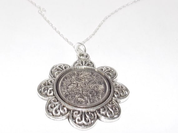 Floral Pendant 1962 Lucky sixpence 62nd Birthday plus a Sterling Silver 18in Chain 62nd birthday gift for her Thinking Of You, Mum Dad