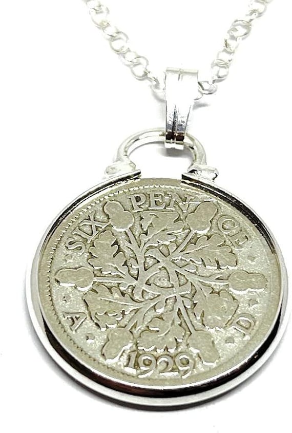 1929 Sixpence Coin Pendant: 96th Birthday Gift, Sterling Silver Chain