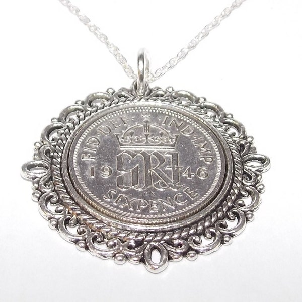 Fancy Pendant 1946 Lucky sixpence 78th Birthday plus a Sterling Silver 18in Chain, 78th, 78th birthday, 78th birthday gift, 1946 gift