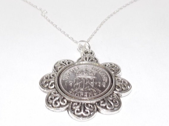 Floral Pendant 1938 Lucky sixpence 86th Birthday plus a Sterling Silver 18in Chain 86th birthday gift for her Thinking Of You, Mum Dad