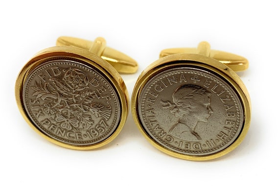 Premium 1957 Sixpence Cufflinks for a 67th birthday.  Original british sixpences inset in Silver Plated French Cufflinks backs 67th GLD HT