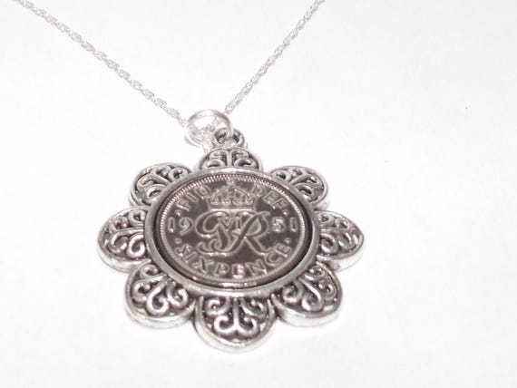 Floral Pendant 1951 Lucky sixpence 74th Birthday plus a Sterling Silver Chain 74th birthday gift for her Thinking Of You, Mum Dad 1951 gift