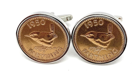 Farthing coin Cufflinks, 1950 Circulated Coins With Gold, Silver, Or Rose Plated Backs