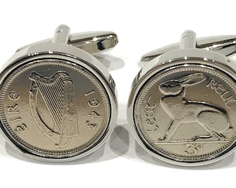 1943 Irish Threepence Coin Cufflinks - Silver Plated