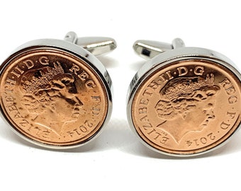 8th Bronze anniversary cufflinks - copper 1p coins from 2014 - Great Anniversary Gift for a Bronze Wedding 8th wedding gift Thinking Of You