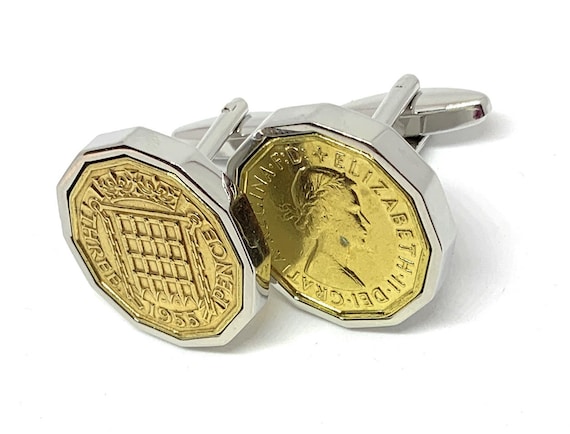 1955 Threepence 3d 70th birthday Cufflinks - Original 1955 threepence coin cufflinks, 70th birthday , 70th, gift from 1955 SLV