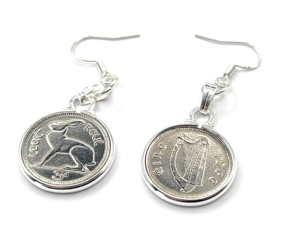 1966 Irish Threepence 60th Birthday Gift Earrings: 925 Silver mounts
