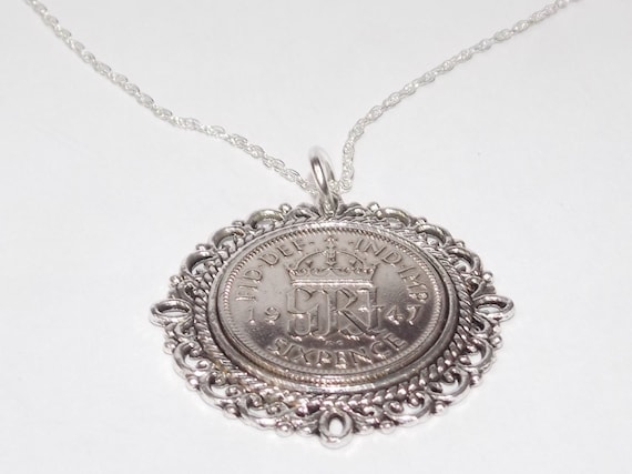 Fancy Pendant 1944 Lucky sixpence 75th Birthday Sterling Silver 18in Chain