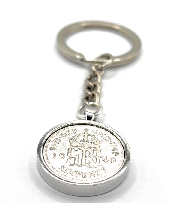 1940 Sixpence Coin Keyring 85th Birthday Gift: Silver, Gold or RoseGold Plated Mounts