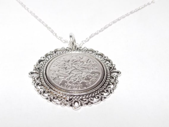 1928 97th Birthday gift Anniversary sixpence coin Fancy pendant: Sterling Silver chain