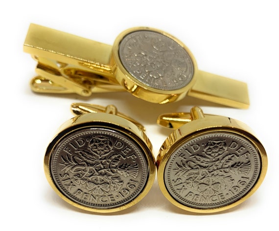 Premium 1961 Lucky sixpence cufflinks for a 63rd Birthday cufflinks and Gold Plated Tie Clip Set, 63rd  Dad, 63rd Brother, Fathers day - CON