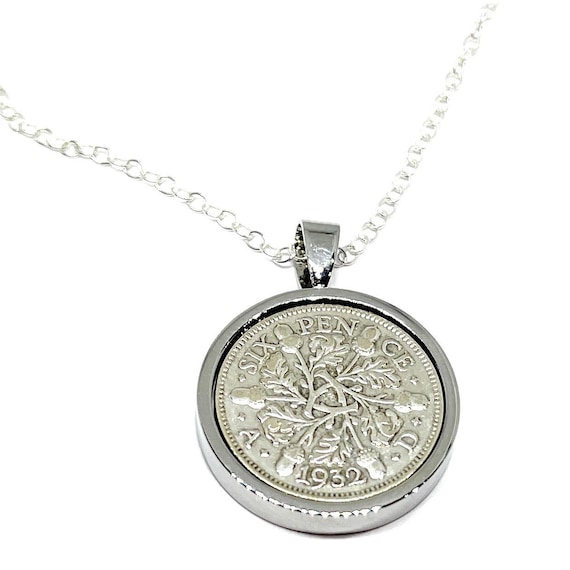 1932 Sixpence Coin Pendant: 93rd Birthday Gift, Sterling Silver Chain