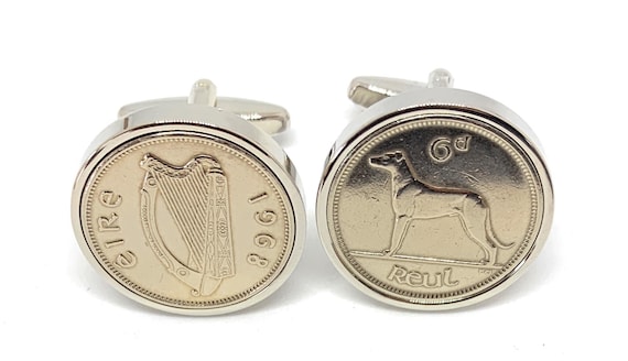 1968 Irish coin cufflinks- Great gift idea. Genuine Irish 6d Sixpence coin cufflink 1968 Thinking Of You,  Special Friend, Mum, 57th Dad