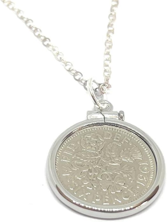 65th Birthday Gift, 1961 Sixpence Coin Pendant Solid Cinch: Sterling Silver Chain