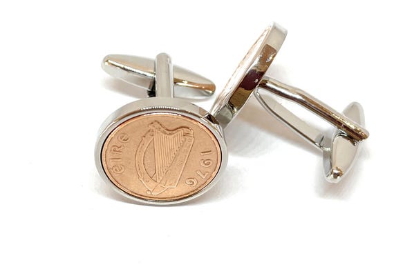 1976 Irish Half Penny Coin Cufflinks 49th Birthday gift: Silver plated backs
