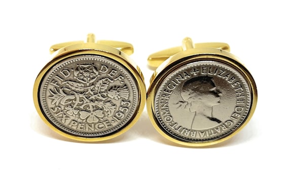 Luxury 1953 Sixpence Cufflinks for a 72nd birthday.  Original british sixpences inset in Gold Plated French Cufflinks backs 72nd GLD