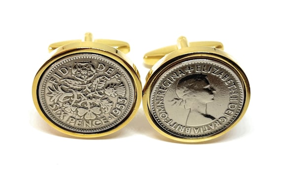 Luxury 1953 Sixpence Cufflinks for a 71st birthday.  Original british sixpences inset in Gold Plated French Cufflinks backs 71st GLD