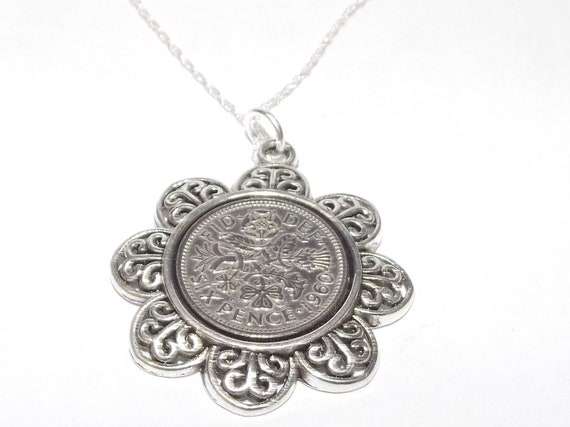 Floral Pendant 1960 Lucky sixpence 64th Birthday plus a Sterling Silver 18in Chain 64th birthday gift for her, Thinking Of You, Mum, Dad