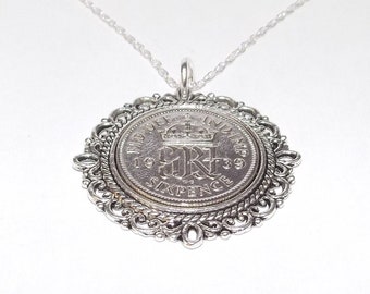 Pendentif fantaisie 1939 Lucky sixpence 85e anniversaire plus une chaîne en argent sterling 18 pouces 85e pensée à vous, ami spécial, maman, 85e papa cadeau