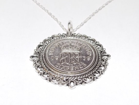 Fancy Pendant 1939 Lucky sixpence 85th Birthday plus a Sterling Silver 18in Chain 85th Thinking Of You,  Special Friend, Mum, 85th Dad Gift