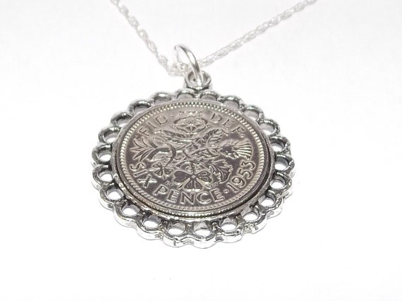 Fine Pendant 1953 Lucky sixpence 72nd Birthday plus a Sterling Silver 18in Chain 72nd birthday gift for her, Thinking Of You, Mum, Dad