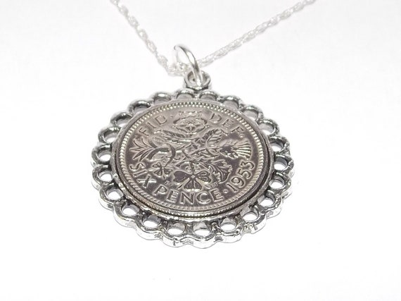 Fine Pendant 1953 Lucky sixpence 71st Birthday plus a Sterling Silver 18in Chain 71st birthday gift for her, Thinking Of You, Mum, Dad