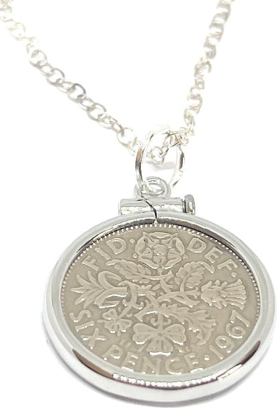 59th Birthday Gift, 1967 Sixpence Coin Pendant Solid Cinch: Sterling Silver Chain