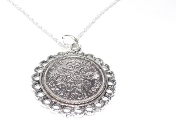 Fine Pendant 1967 Lucky sixpence 57th Birthday plus a Sterling Silver 18in Chain 57th birthday gift for her Thinking Of You, Mum Dad