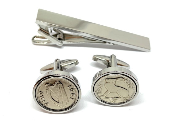 1963 Irish coin cufflinks- 61st Birthday Genuine Irish 3d threepence coin cufflink 1963 Thinking Of You, Dad Tie clip set