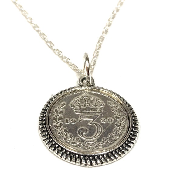 Round 1920 104th Birthday / Anniversary Threepence coin pendant plus 18inch SS chain gift 104th birthday gift for her, Thinking Of You, Mum