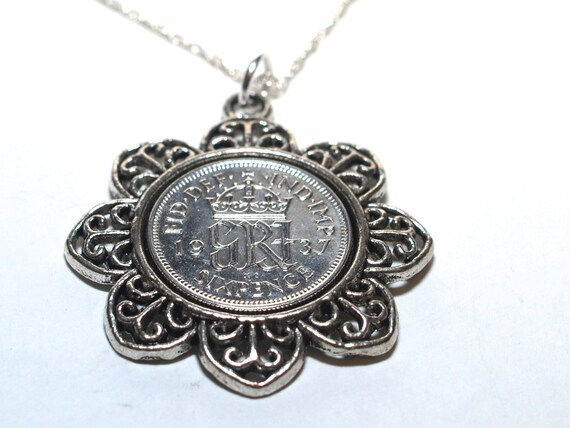 Floral Pendant 1937 Lucky sixpence 88th Birthday plus Sterling Silver 18in Chain 1937 88th birthday gift, 88th gift, 1937 gift, ladies gift