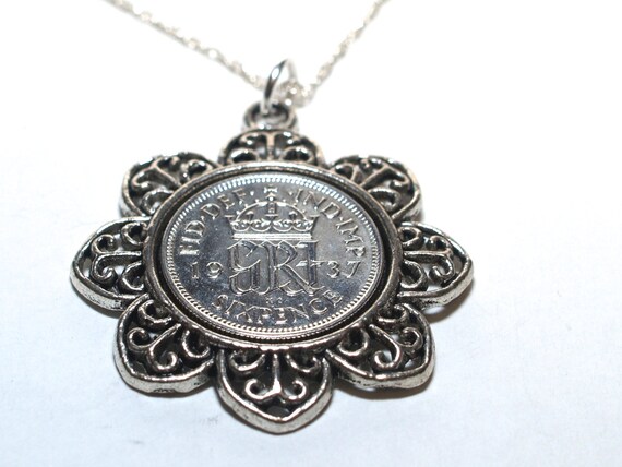 Floral Pendant 1937 Lucky sixpence 87th Birthday plus Sterling Silver 18in Chain 1937 87th birthday gift, 87th gift, 1937 gift, ladies gift