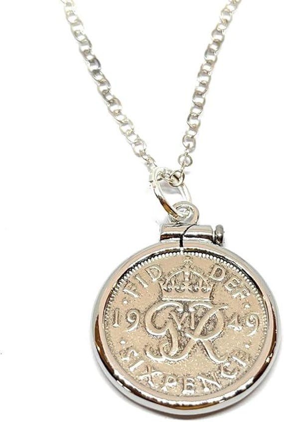 77th Birthday Gift, 1949 Sixpence Coin Pendant Solid Cinch: Sterling Silver Chain