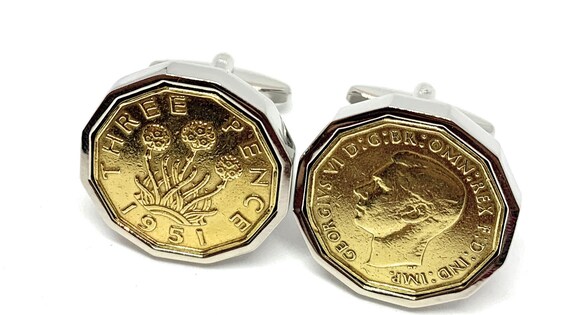Luxury 1951 Threepence Cufflinks for a 74th birthday.  Original british Threepence 74th Dad, Brother, Uncle, Husband, Fathers Day Loved One