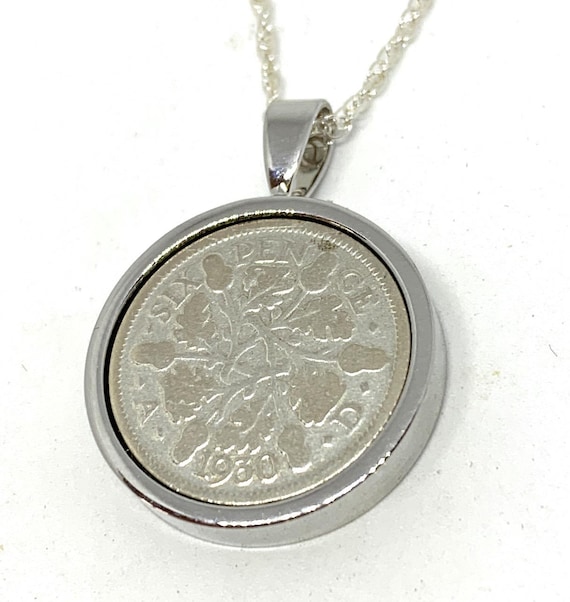 1930 Sixpence Pendant: 95th Birthday Gift, Silver, Gold, RoseGold Plated Mount
