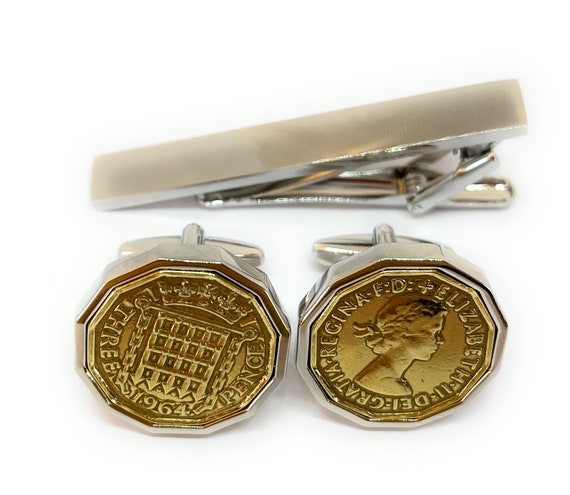 1964 Threepence coin cufflinks- Great gift idea. Genuine British 3d Threepence coin cufflink 1964 , Thinking Of You, Mum Dad, HT Set SLV