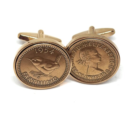 1954 Farthing Coin Cufflinks - 71st Birthday Gift Rose Gold Plated Backs