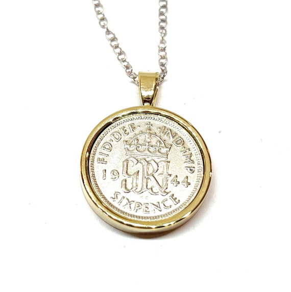 Round Pendant 1944 Lucky sixpence 81st Birthday gifts for women  Sterling Silver 18in Chain 81st birthday gift for her Thinking Of You, GLD