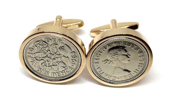 1964 Sixpence coin cufflinks- Great coin gift idea. Genuine British 6d Sixpence coin cufflink 1964 , Thinking Of You, Dad, HT Rose GLD